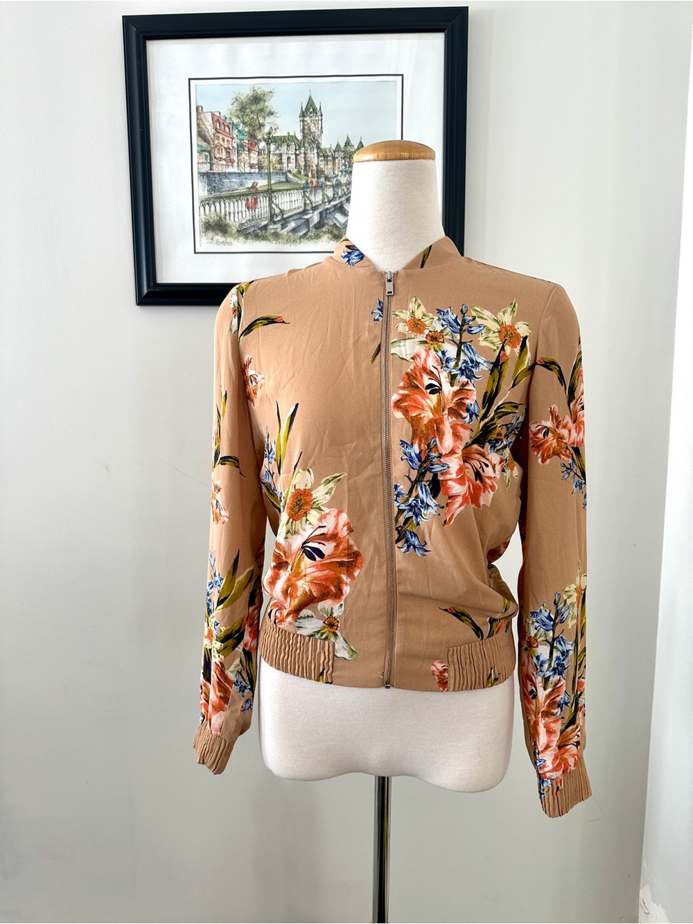 Aritzia Babaton Gilroy Floral Zip-Front Bomber Jacket - Tan - Size XS